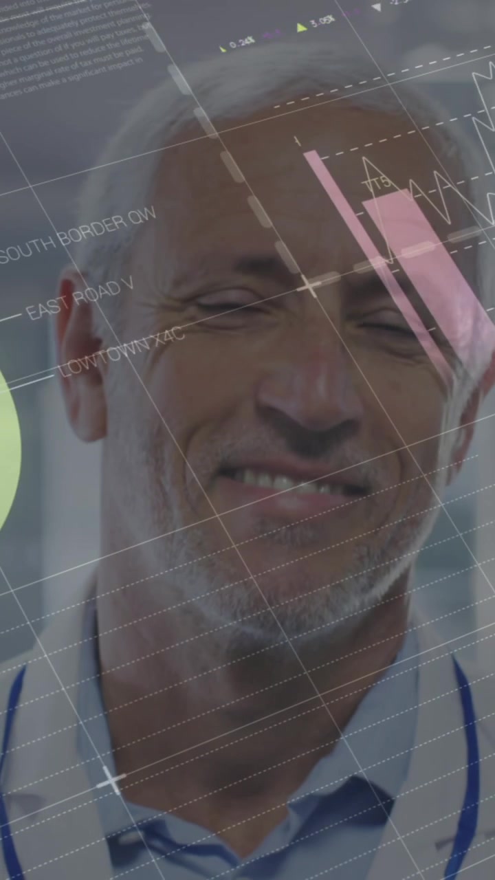 Statistical data processing over portrait of caucasian senior male doctor smiling at hospital