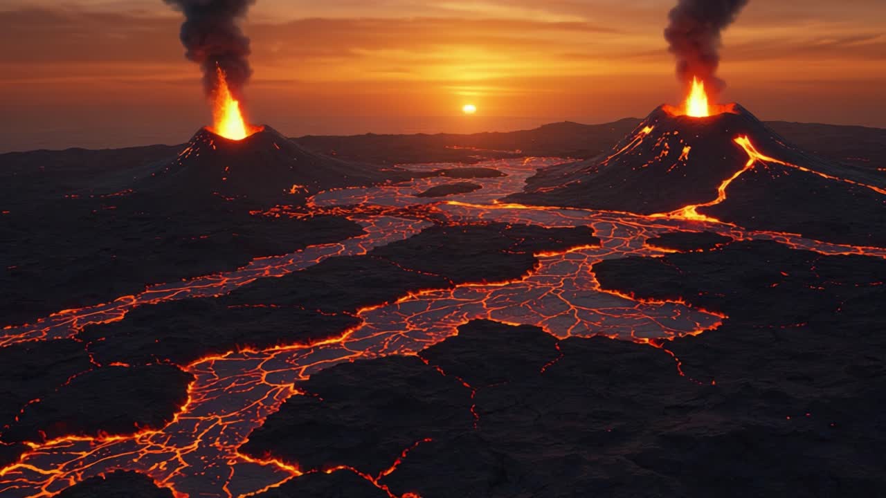 Spectacular Eruption: A Breathtaking View of Twin Volcanoes Erupting at Sunset with Rivers of Lava Flowing Across the Landscape, Capturing Nature's Mighty Power