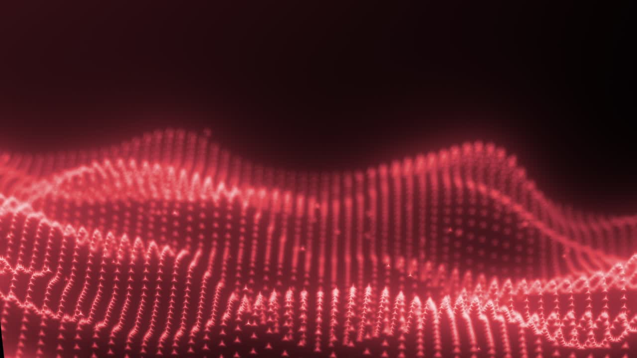 Wavy plane of red particles in motion emitting glowing triangle sub-particles