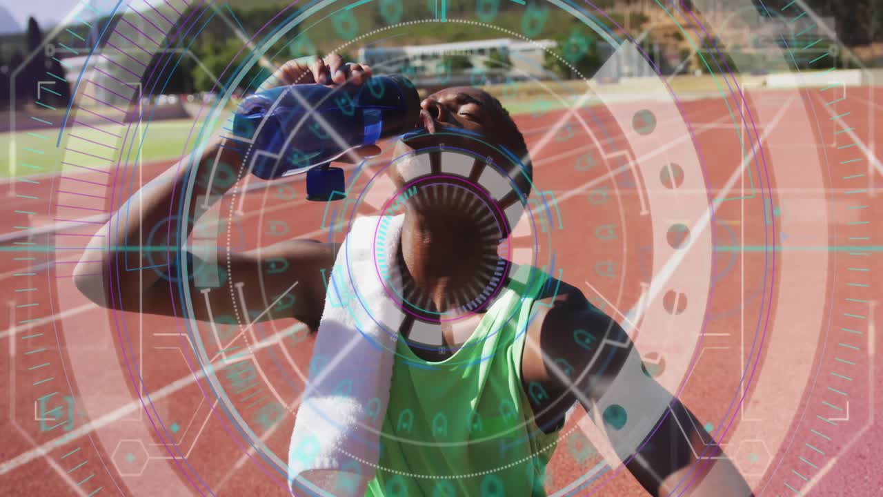 animación del procesamiento de datos digitales sobre el agua potable del atleta masculino