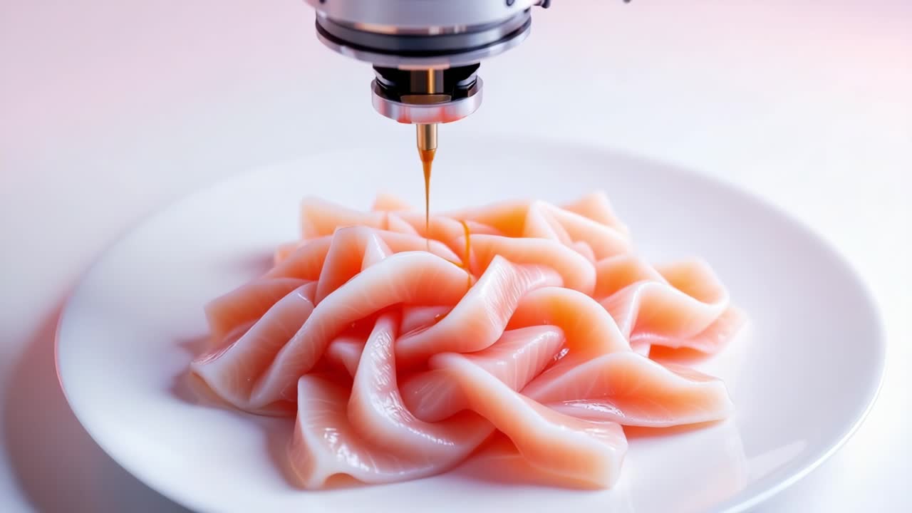 Robotic arm is precisely dispensing liquid onto a mound of wavy, delicate food arranged on a white plate, showcasing the intersection of technology and culinary art in a modern kitchen setting