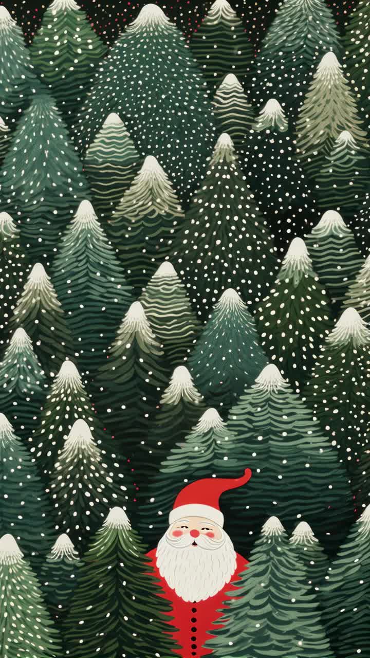 Aerial view of a whimsical winter forest with snow-dusted trees and a hidden Santa