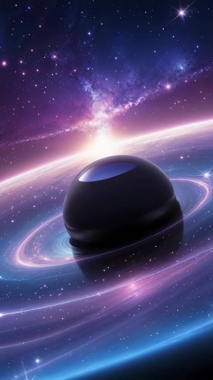 Vertical video: Black sphere hovering in glowing ring above planet horizon, with nebula and stars