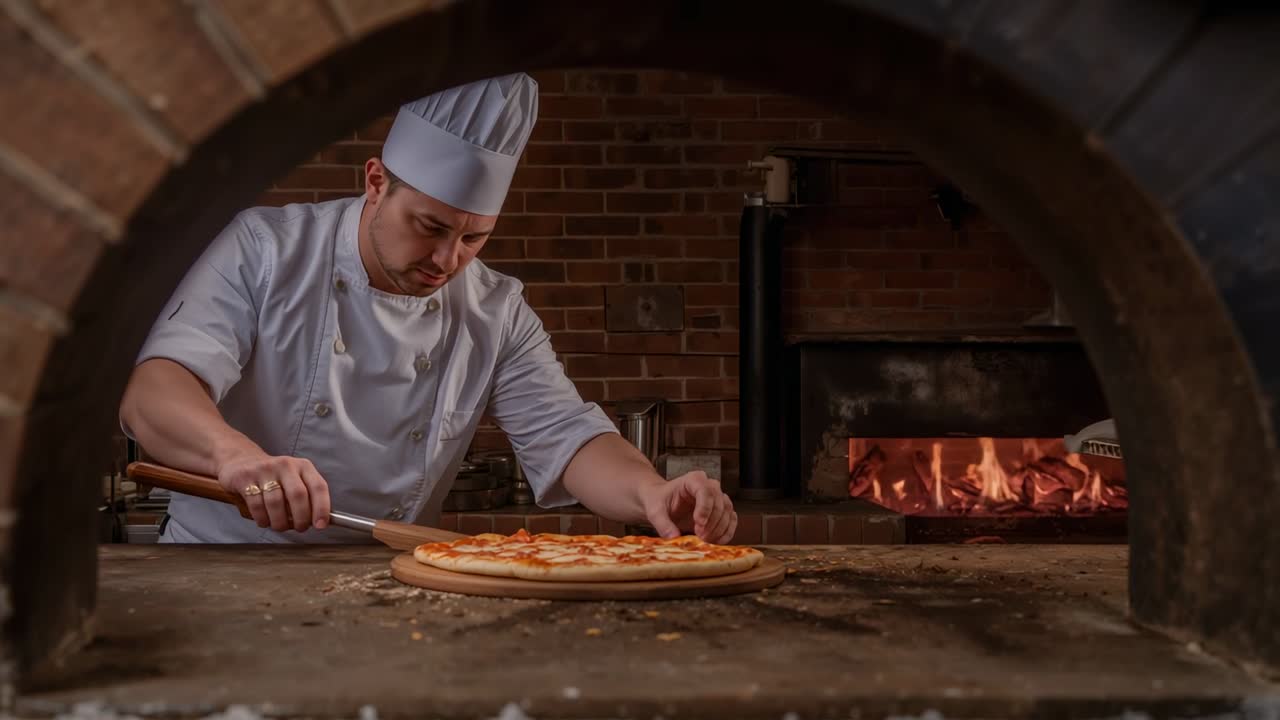 Chef che fa scivolare la pizza nel forno in muratura, con cappello alto e grembiule, spinto dal calore e che aggiusta la pizza con la pala. prompt di:
