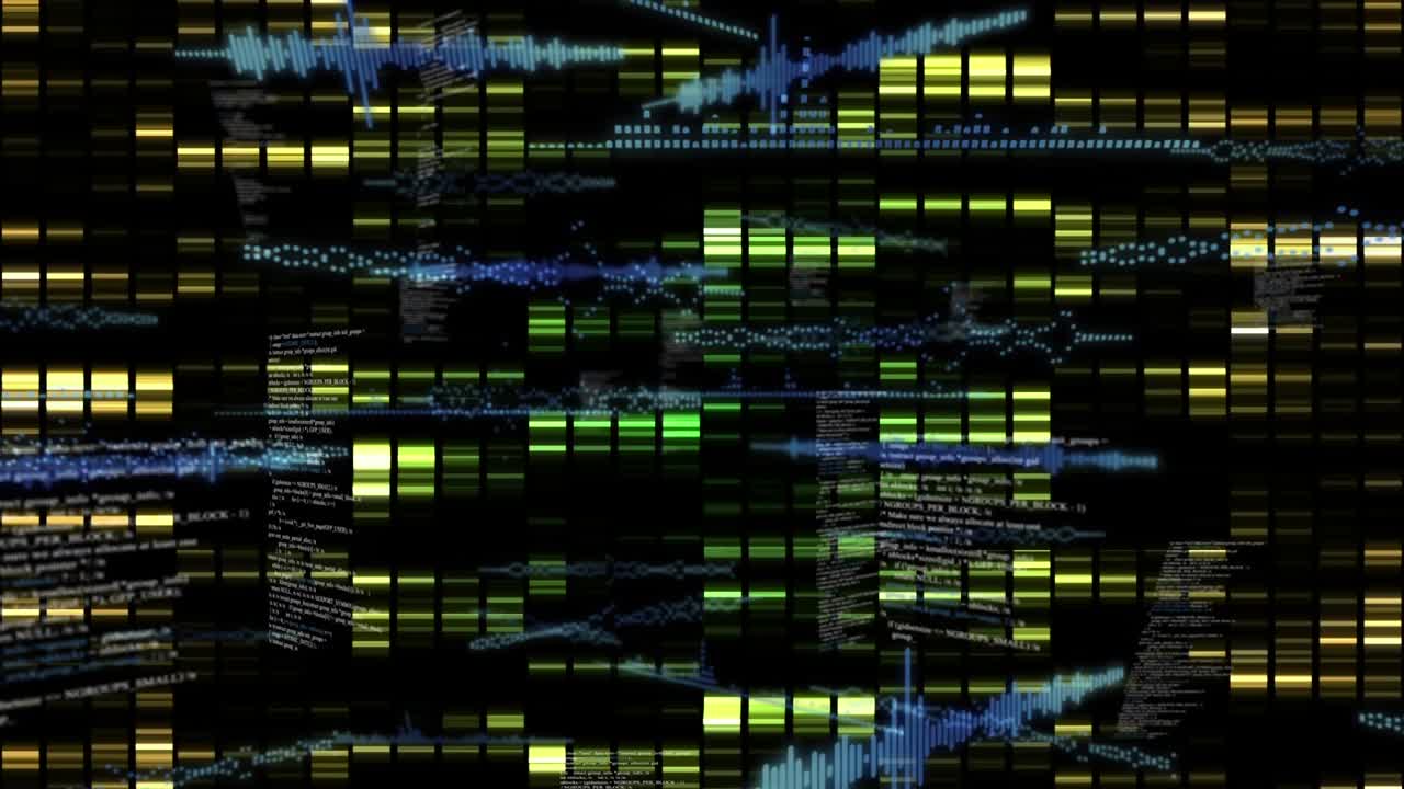 Animation von Datenverarbeitung und Formen auf schwarzem Hintergrund