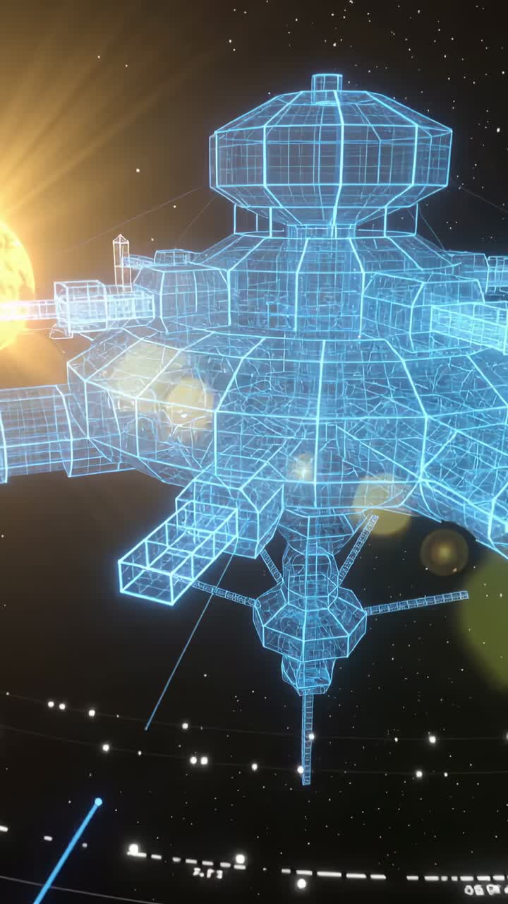 Vertical video: Orbiting camera showing rotating wireframe ship near star left, highlighting module