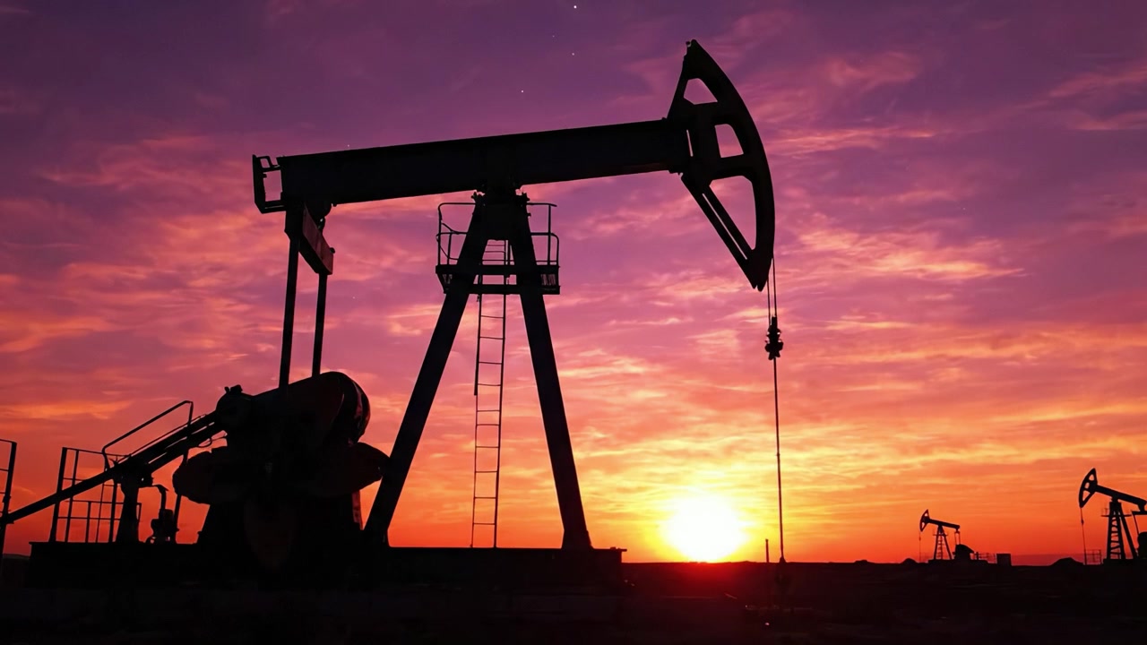 A Breathtaking Sunset Over Oil Rigs: The Silhouette of Pumpjacks Against a Vibrant Sky Illuminated by Fiery Hues Representing the Energy Industry