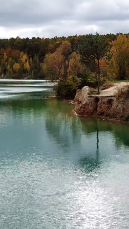 trees and lake from above. aerial view of wild area with blue lake and forest vertical video