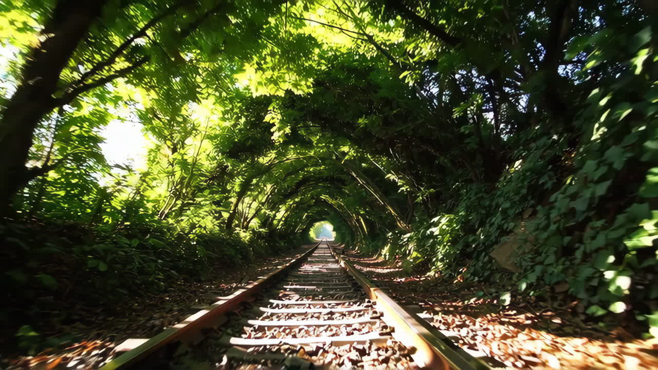 Scenic Railroad Tracks Forming a Lush Green Tunnel