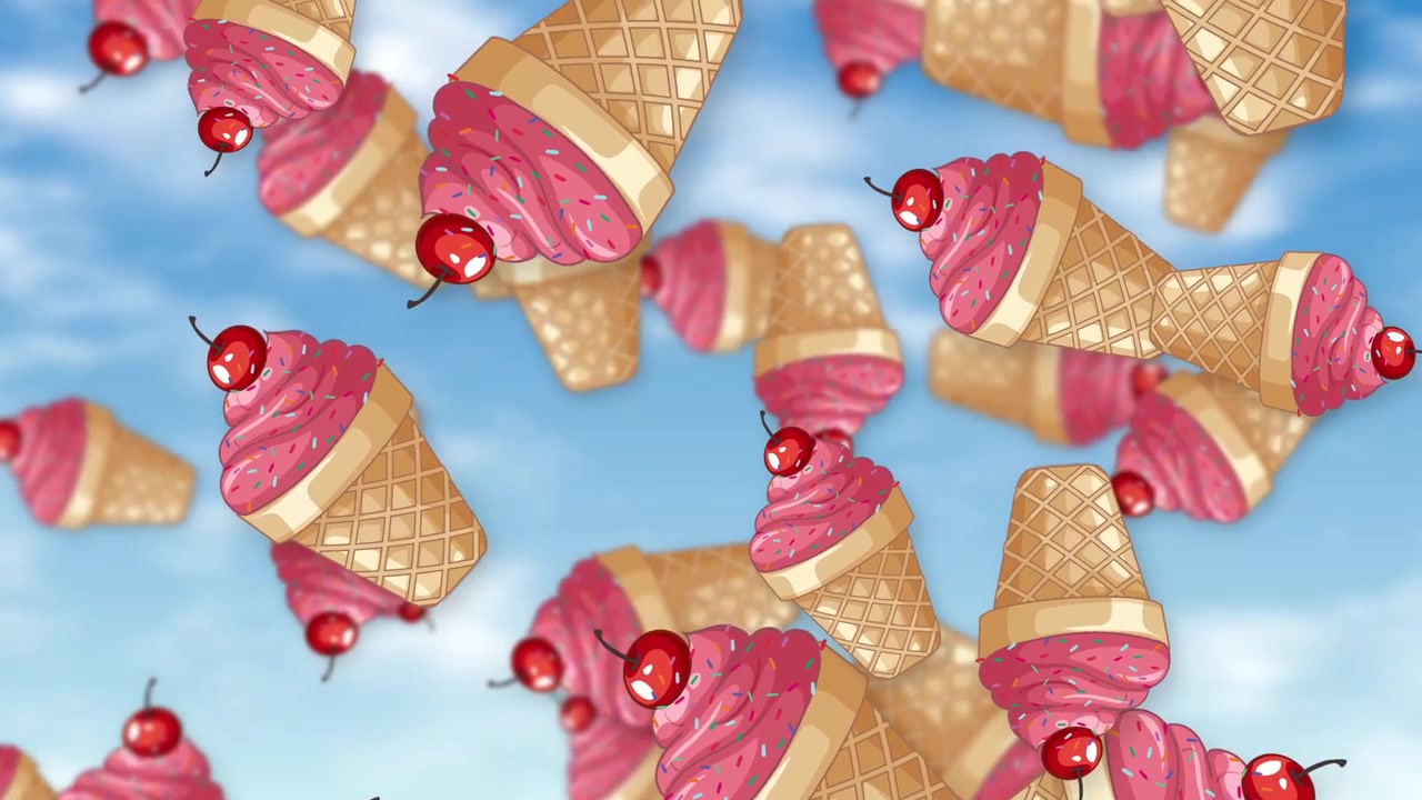 Cartoon-Erdbeereistüten mit Kirschen fallen durch einen hellblauen Himmelshintergrund