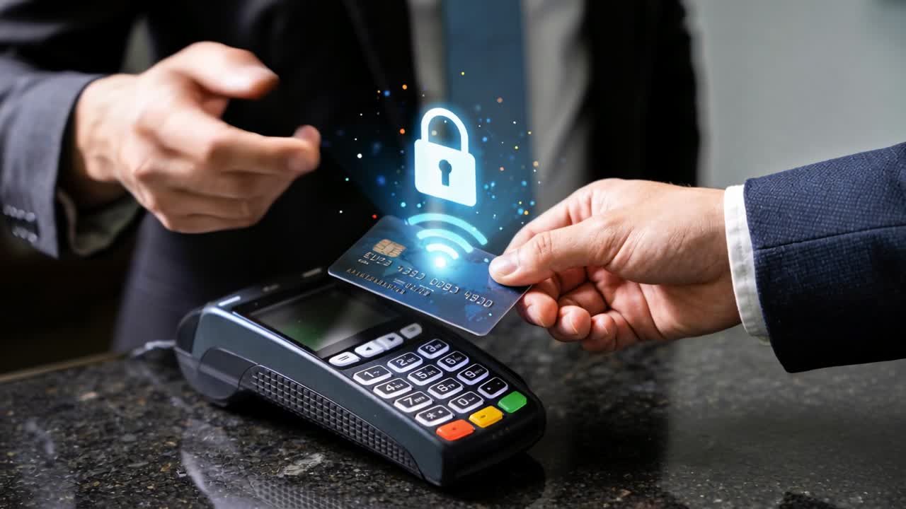 Approaching POS terminal, man in suit tapping chip card at counter to complete payment, holo lock
