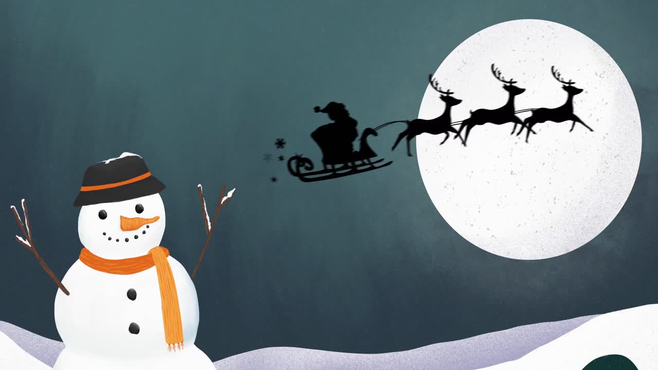 Silhouette of Santa Claus in sleigh being pulled by reindeers against moon and snow man