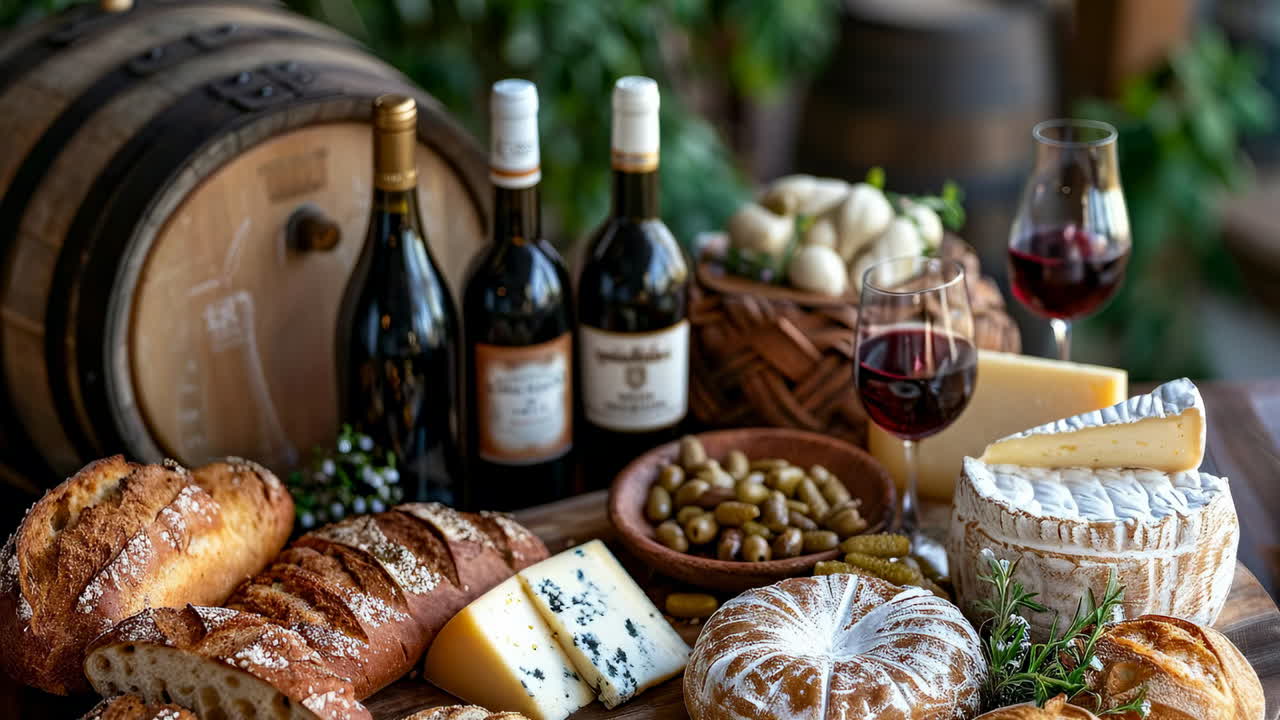 Wine and cheese display with fresh bread. A colorful spread of wine, cheese, bread, and olives arranged nicely for a casual gathering in a warm setting