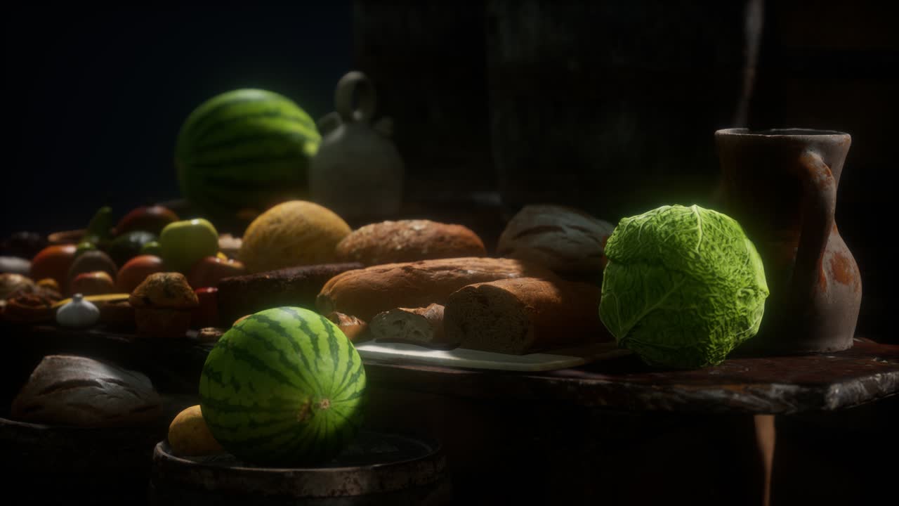 mesa de comida con barriles de vino y algunas frutas, verduras y pan
