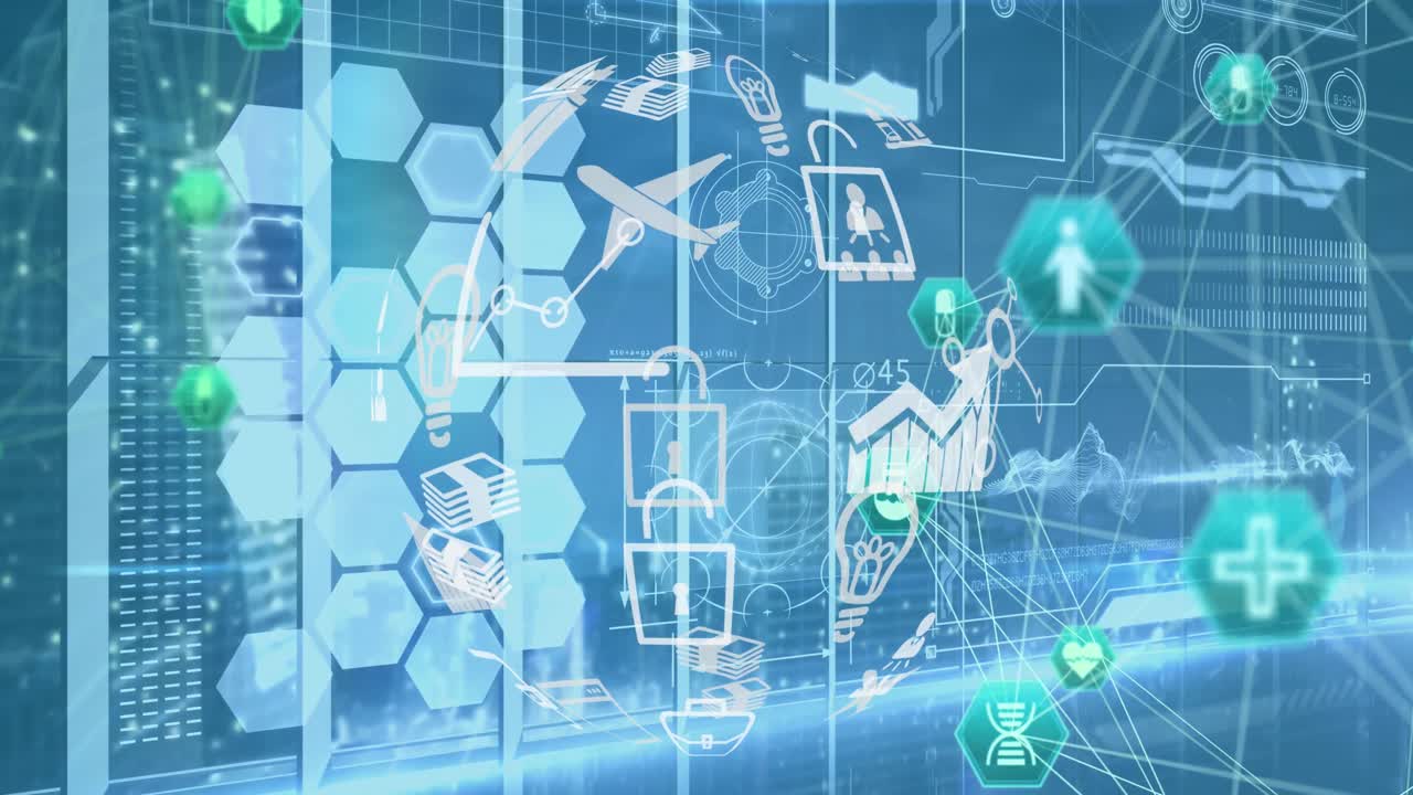 의료 아이콘 데이터 및 정보와 함께 회전하는 기술 아이콘으로 지구의 애니메이션