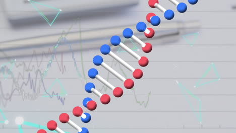 animación de procesamiento de datos y cadena de adn sobre calculadora y bolígrafo.