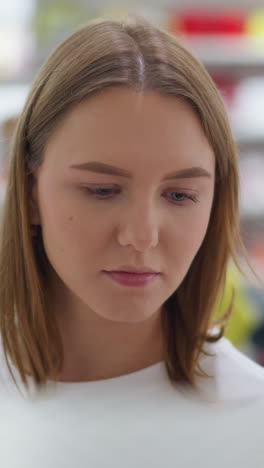 primer plano de una mujer joven pensativa centrándose en un objeto delante de ella, con ropa y accesorios de colores borrosos en el fondo de venta al por menor