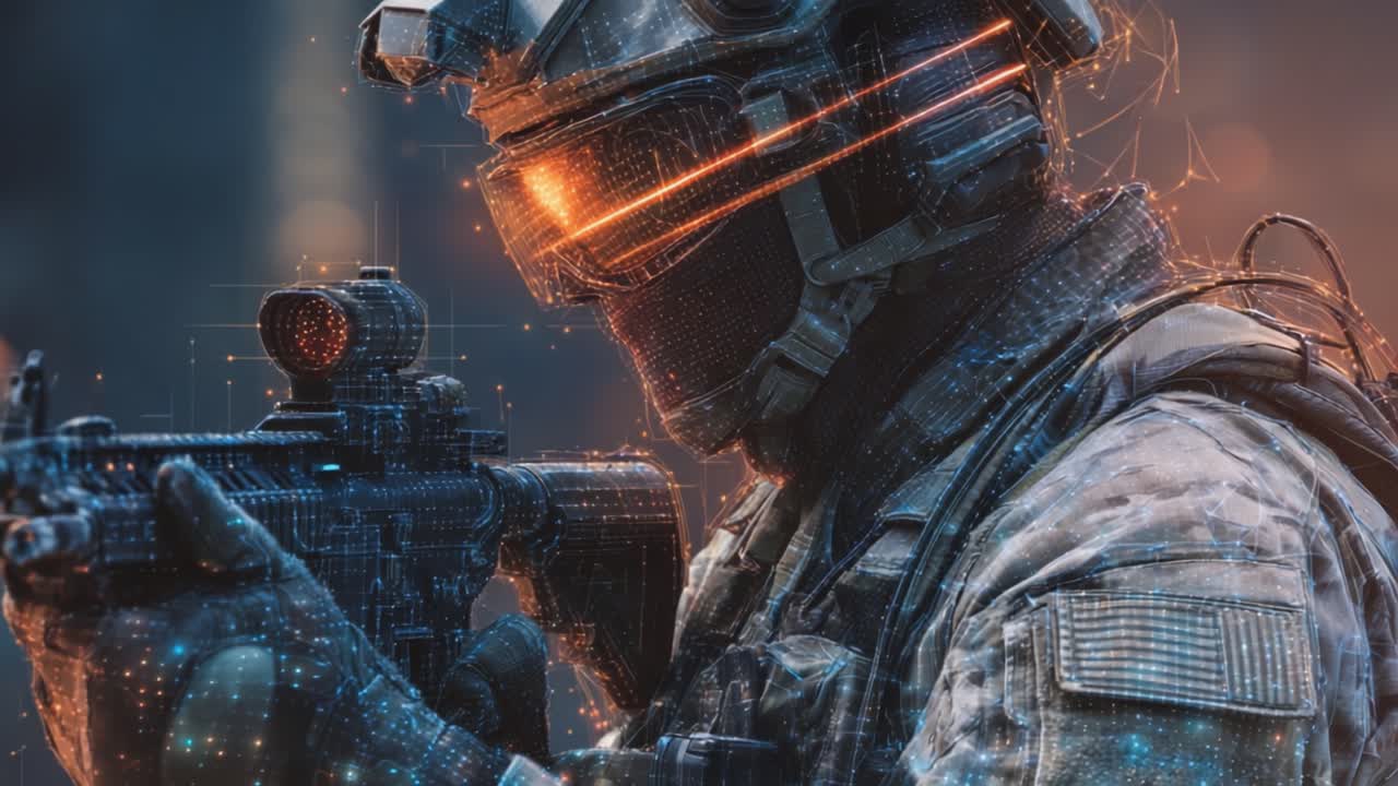 Un soldato potenziato in equipaggiamento tattico mira con precisione, integrando tecnologia avanzata nelle operazioni di combattimento moderne, mostrando il futuro della guerra militare.