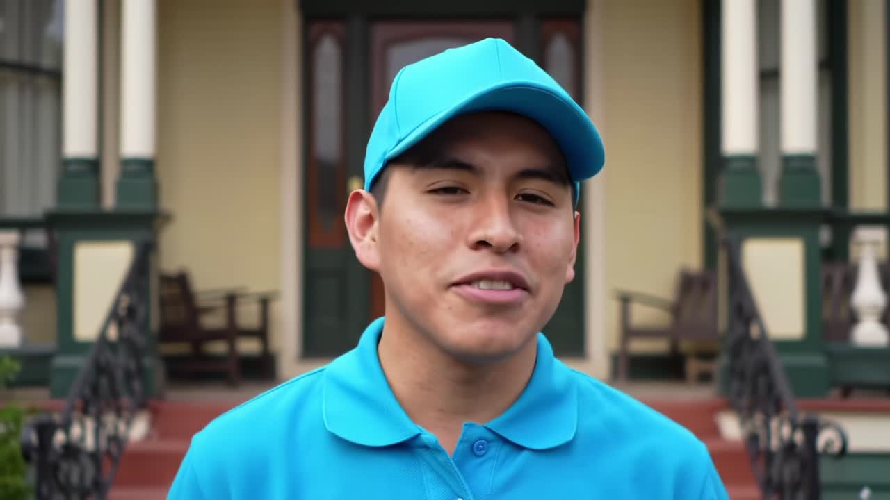 A young man wearing a bright blue cap and shirt stands confidently in front of a historic building, showcasing a welcoming smile in two frames contrasting openness and introspection