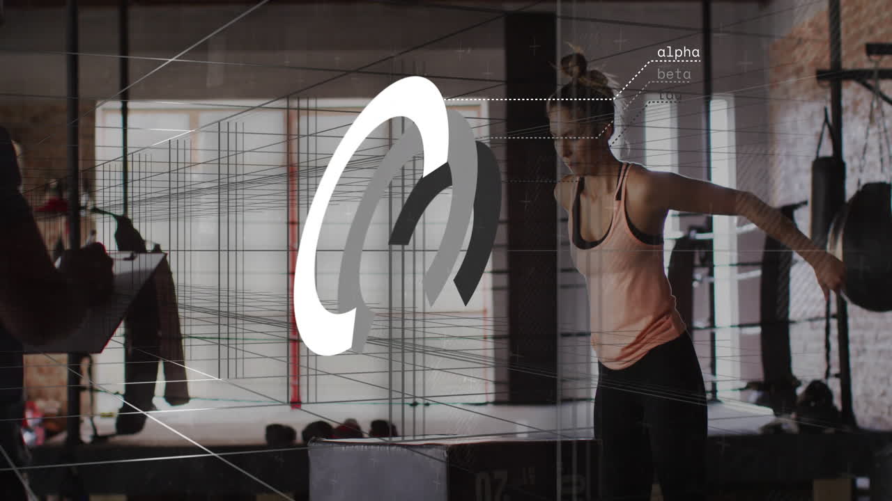 Exercising in gym, woman surrounded by animation and digital data graphics