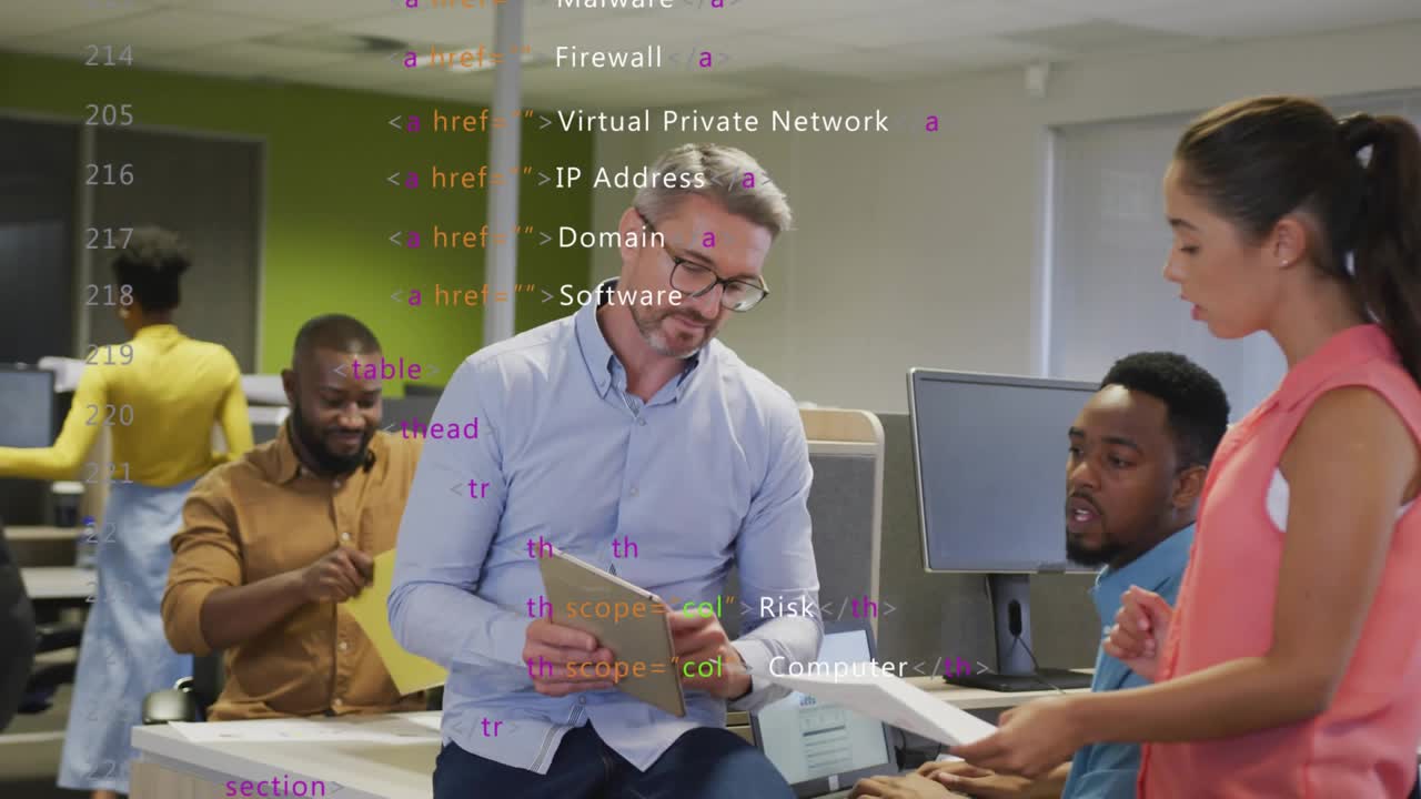 Colleagues reviewing cybersecurity risks as woman handing pages and tablet showing code overlay