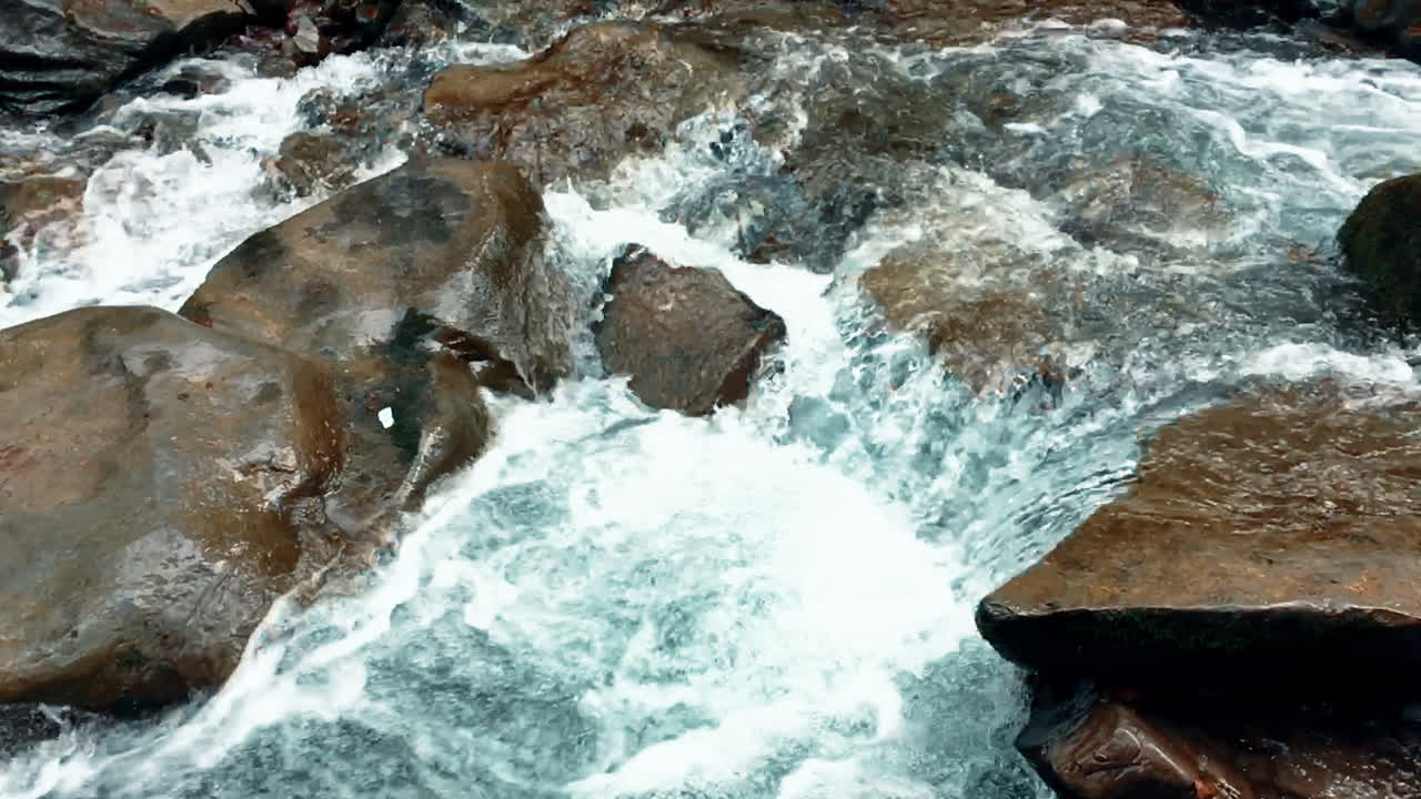 Ruscello d'acqua limpida e spumeggiante tra le pietre. Torrente di montagna.