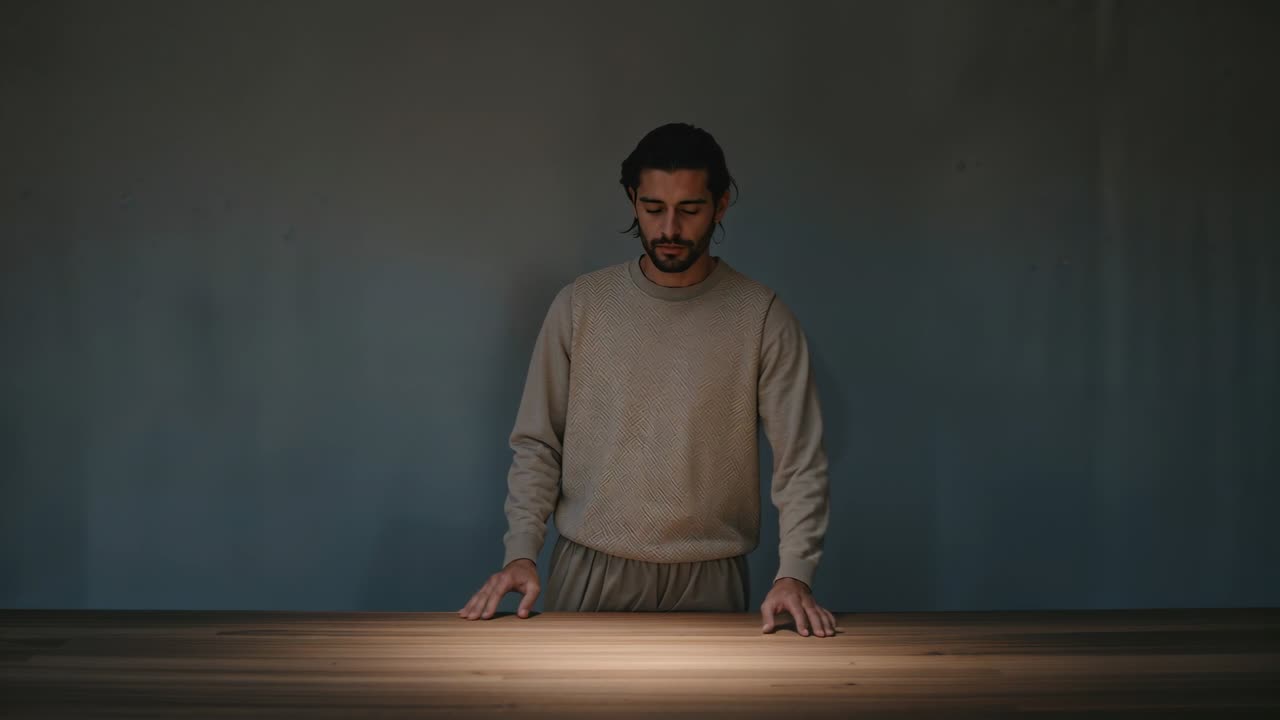 Un uomo sistema le mani sul tavolo in uno studio pubblicitario, preparando una demo, con una guida al movimento che segue la disposizione delle mani.