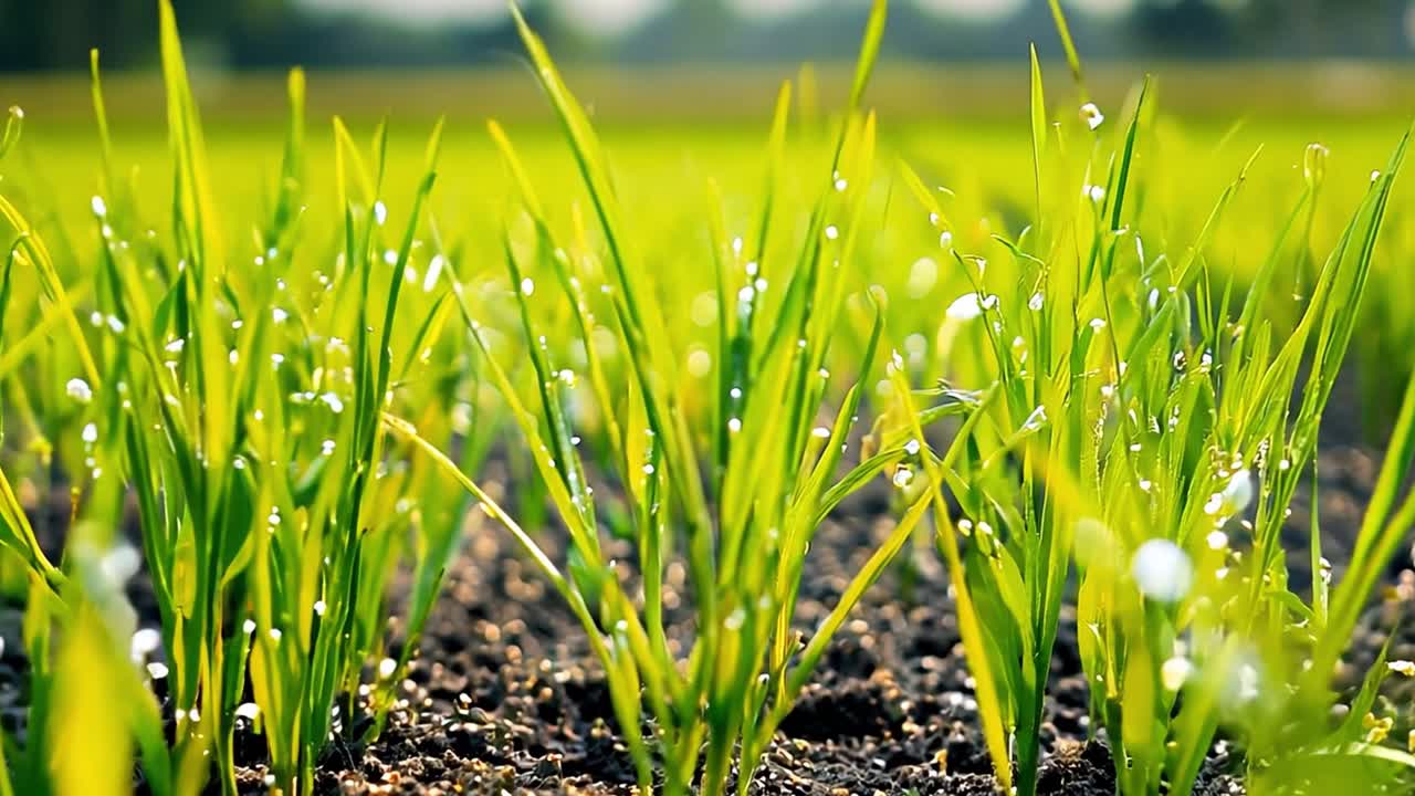 露を帯びた稲の若苗