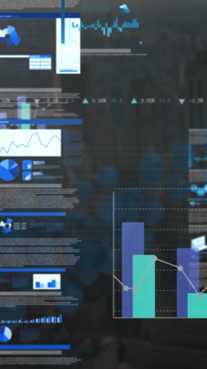 Animazione di grafici multipli, cerchi di caricamento e un pannello di trading su uno skyline moderno contro il cielo.