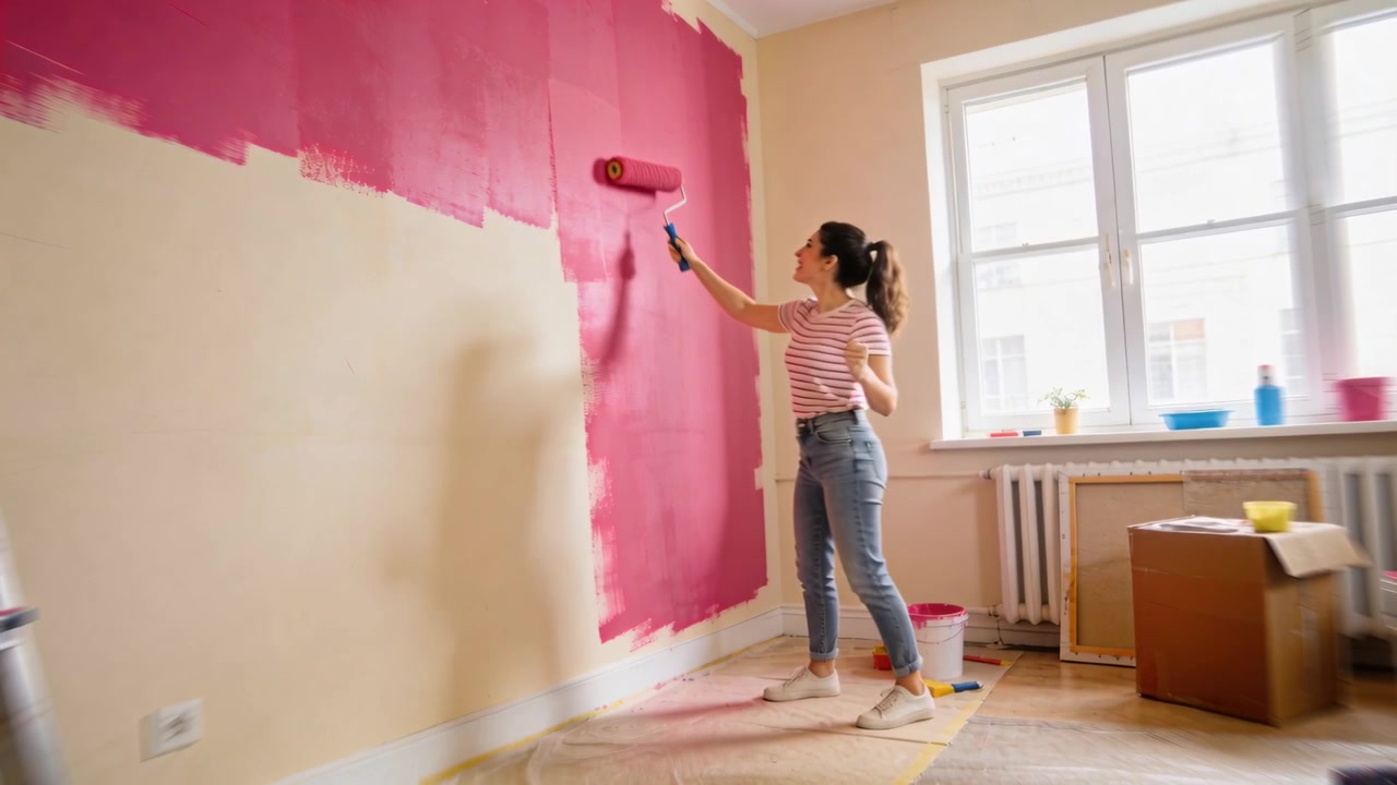 Rodillo sumergido, mujer pintando una pared en una habitación durante una mudanza, comprobando la pintura en el cubo, espacio para texto.