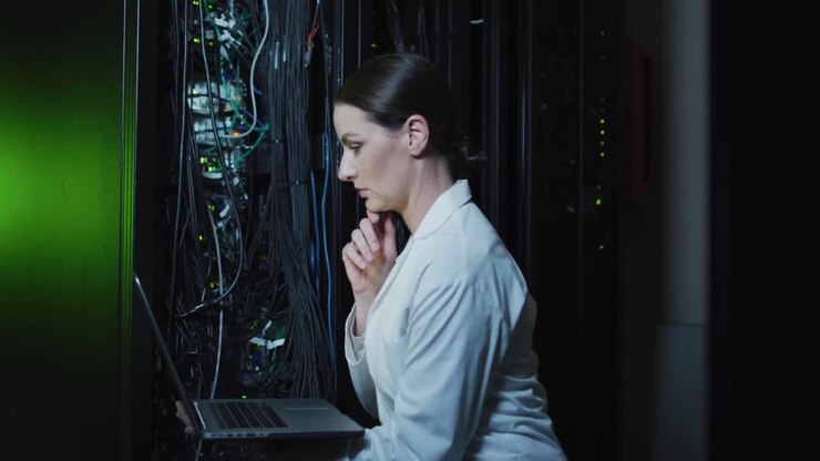 Caucasian female it technician in lab coat using laptop checking computer server