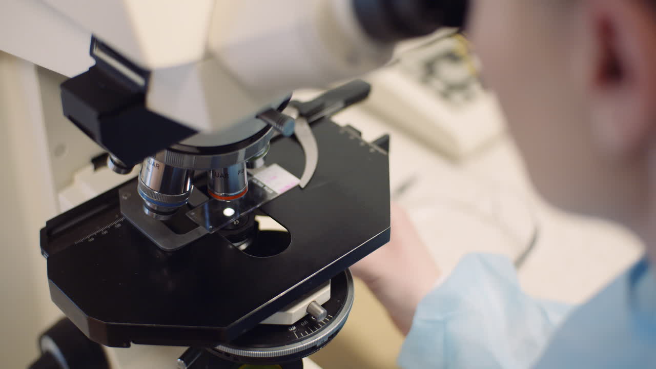 실험실 3에서 현미경으로 박테리아를 검사하는 과학자