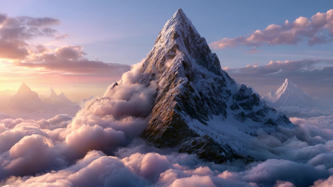 Sommet Montagneux Majestueux Entouré de Nuages Colorés au Crépuscule avec une Douce Lueur Dorée Soulignant la Beauté et la Sérénité de la Nature dans un Paysage à Couper le Souffle