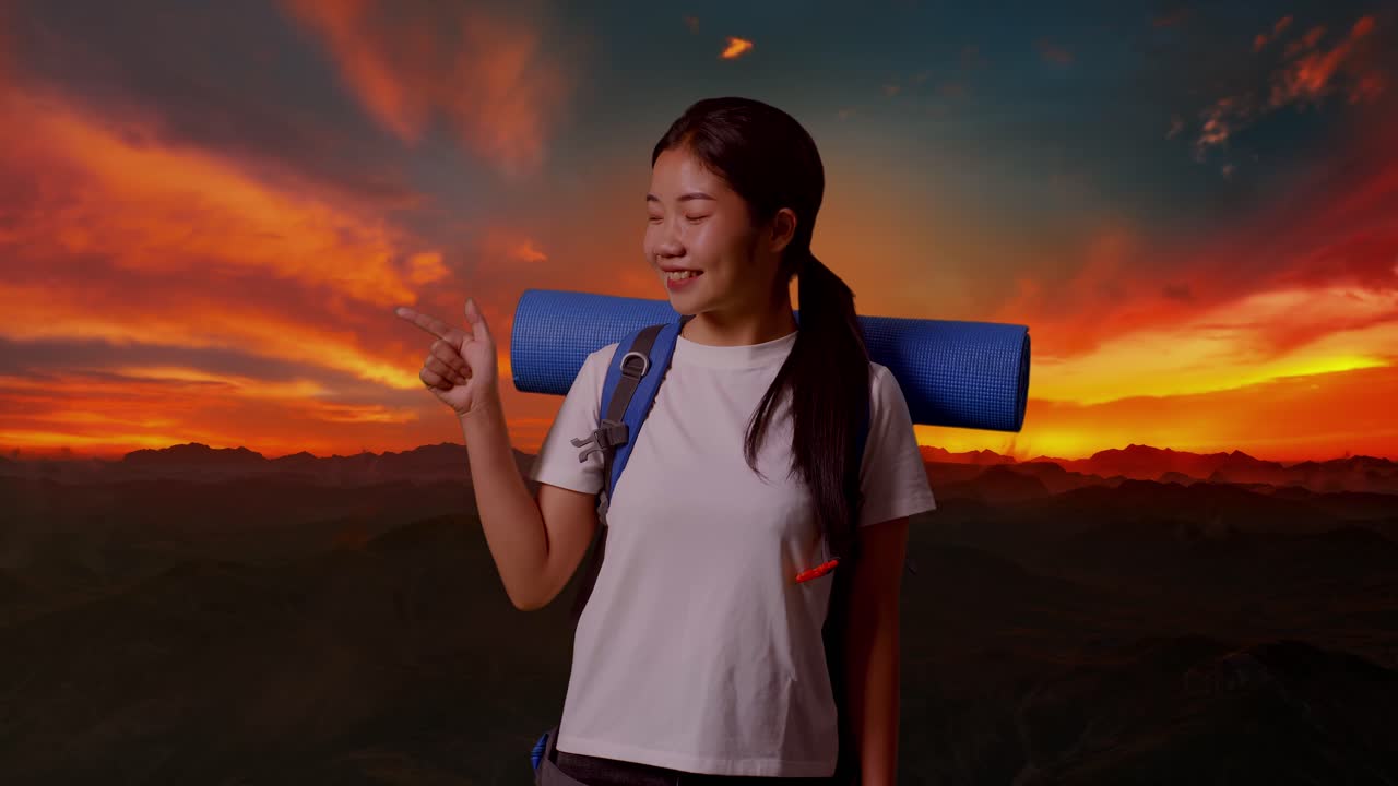 해가 지는 동안 행복한 여자 산책자