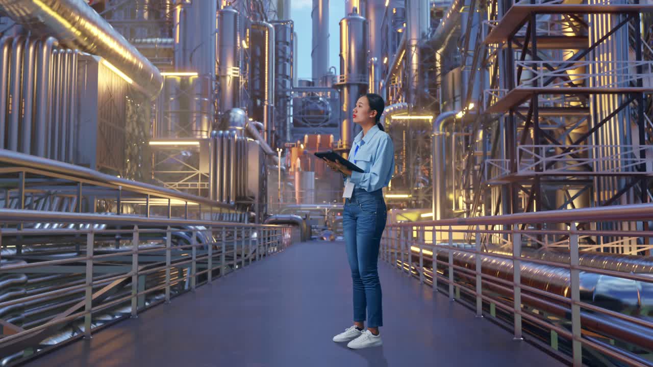 Full Body Side View Of Asian Female Professional Worker With Tablet At A Vast Oil Refinery, She Observes By Looking Around Before She Come To Concentrating With Tablet