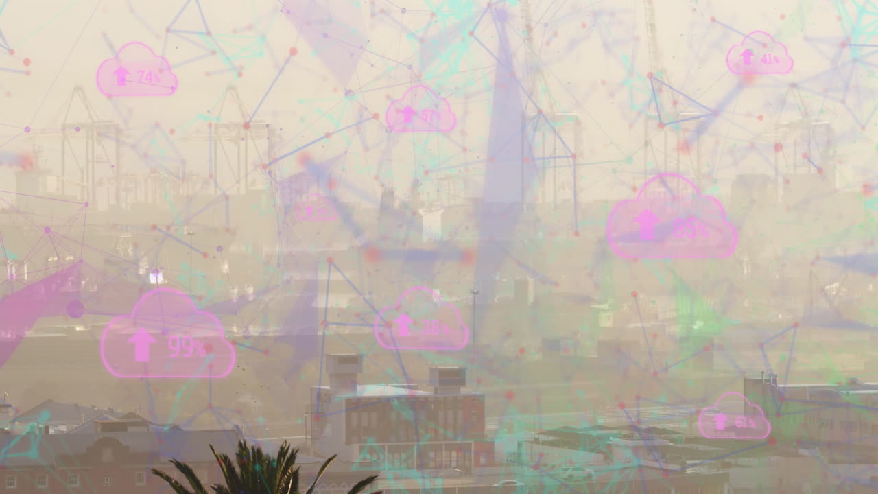 Multiple cloud icons with increasing percentage and network of connections against cityscape