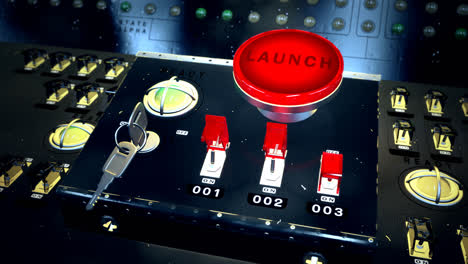 a retro launch control center that monitors and controls missile launch facilities. animation of a large red button marked – launch – on a control metal console full of electric switches and buttons.