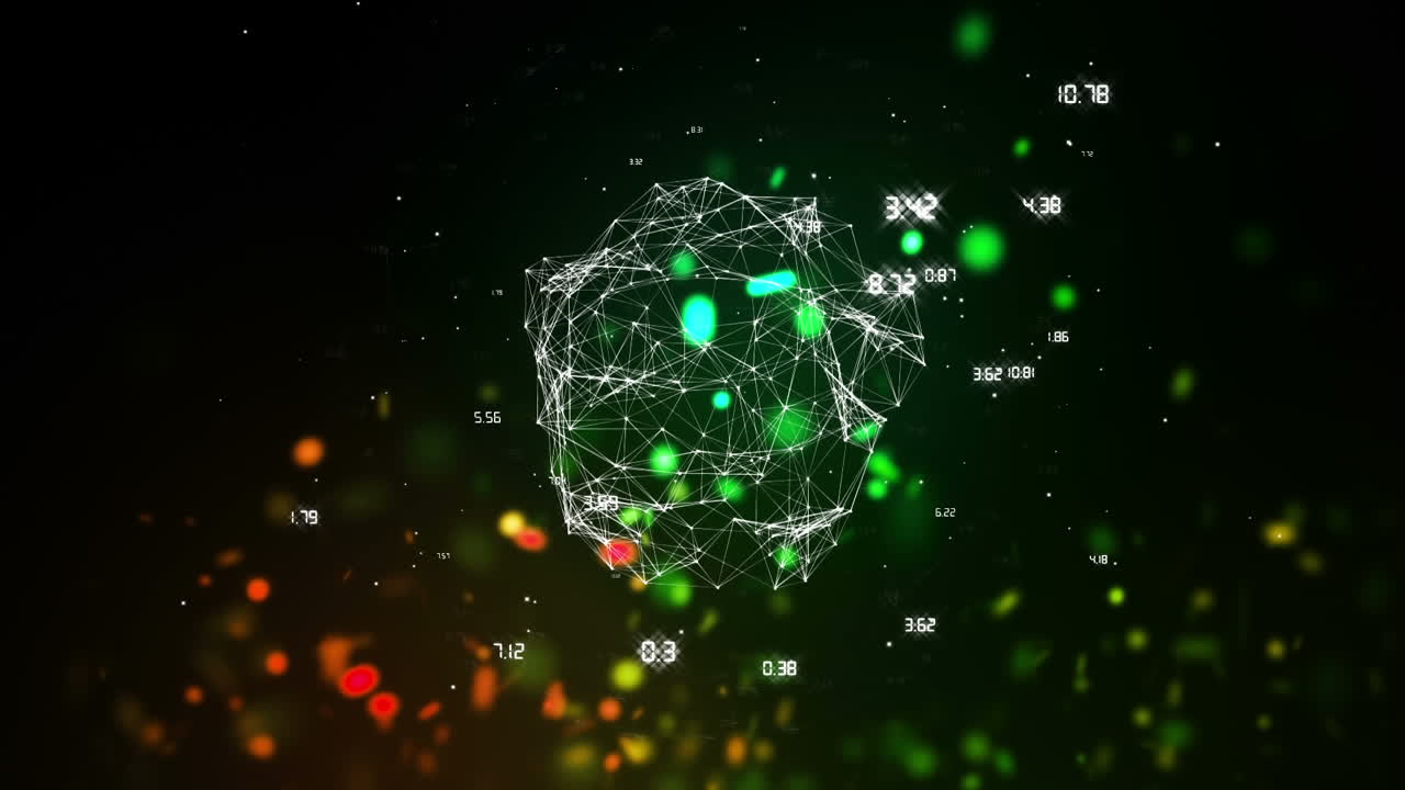 어두운 배경에 데이터가 있는 디지털 글로브, 색 ⁇   ⁇ 어리로 애니메이션