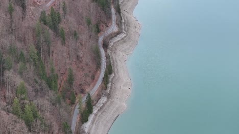 aerial view following coastal road by light blue ocean and bare forest