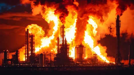 una gran refinería de petróleo con muchas llamas saliendo de ella