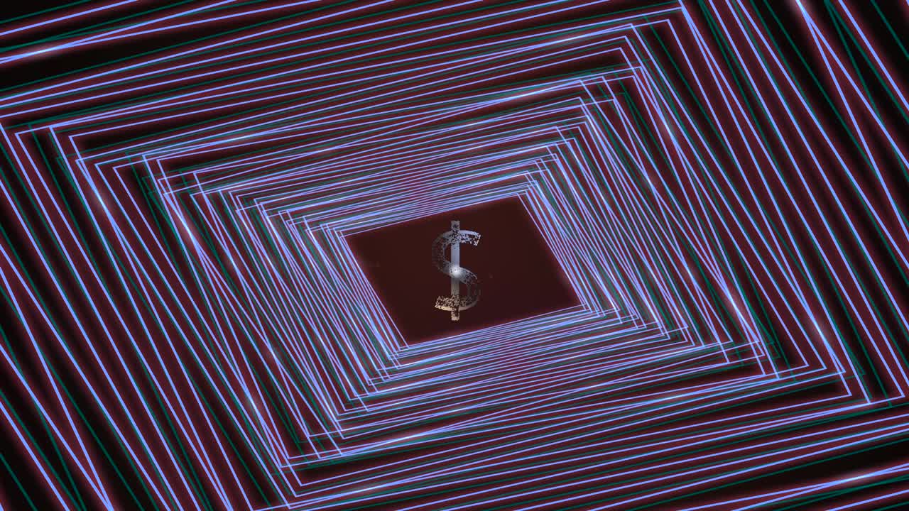 el icono del dólar de estados unidos se derrumba al final del túnel giratorio de rectángulos de neón.