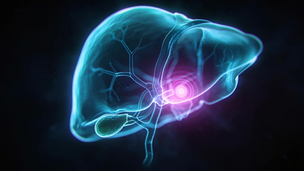 Appearing magenta marker pulsing at bile duct hilum, highlighting cyan liver and gallbladder