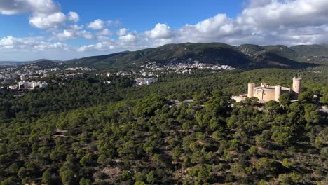 fotografía aérea de un paisaje de montaña verde y el histórico castillo de belver en mallorca