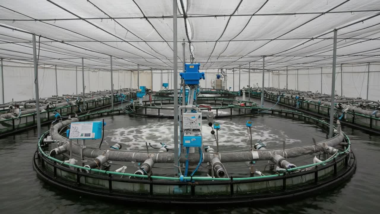 Inside a Modern Aquaculture Facility: Circular Tanks for Sustainable Fish Farming with Advanced Aeration and Water Management Systems Under a Large Greenhouse Structure