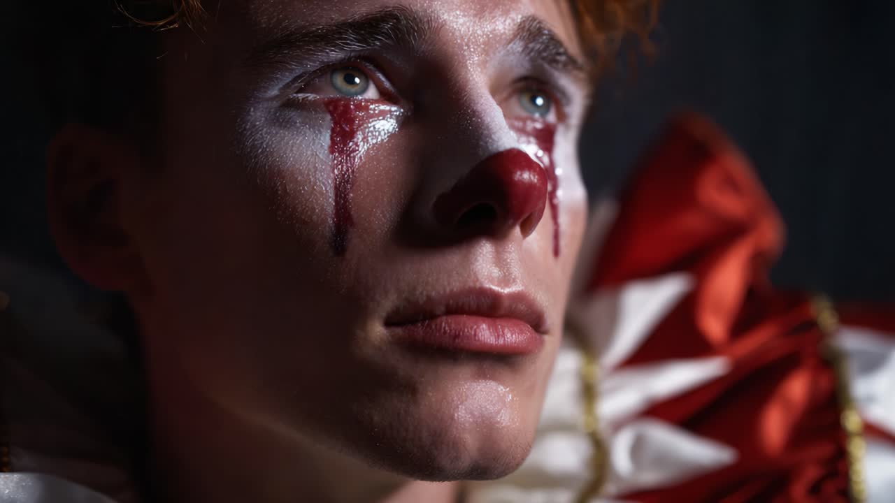 A poignant moment captured in a clown's expression, portraying the depth of emotion behind the facade of laughter, revealing tears that tell a story of sadness