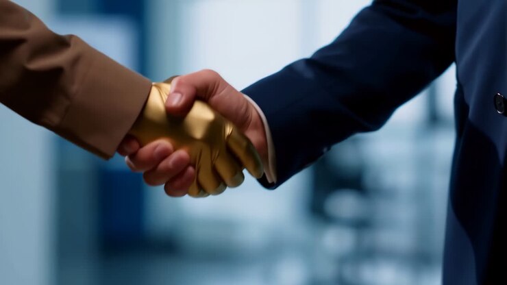 Executive Shakes Golden Robot Hand Closeup, Sleek Corporate Office, Blurred City Windows, Suit Sleeve