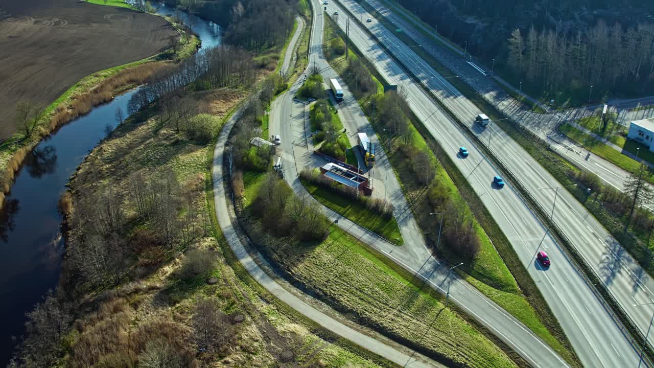 Aerial view of Partille rest area along highway E20 on a clear day