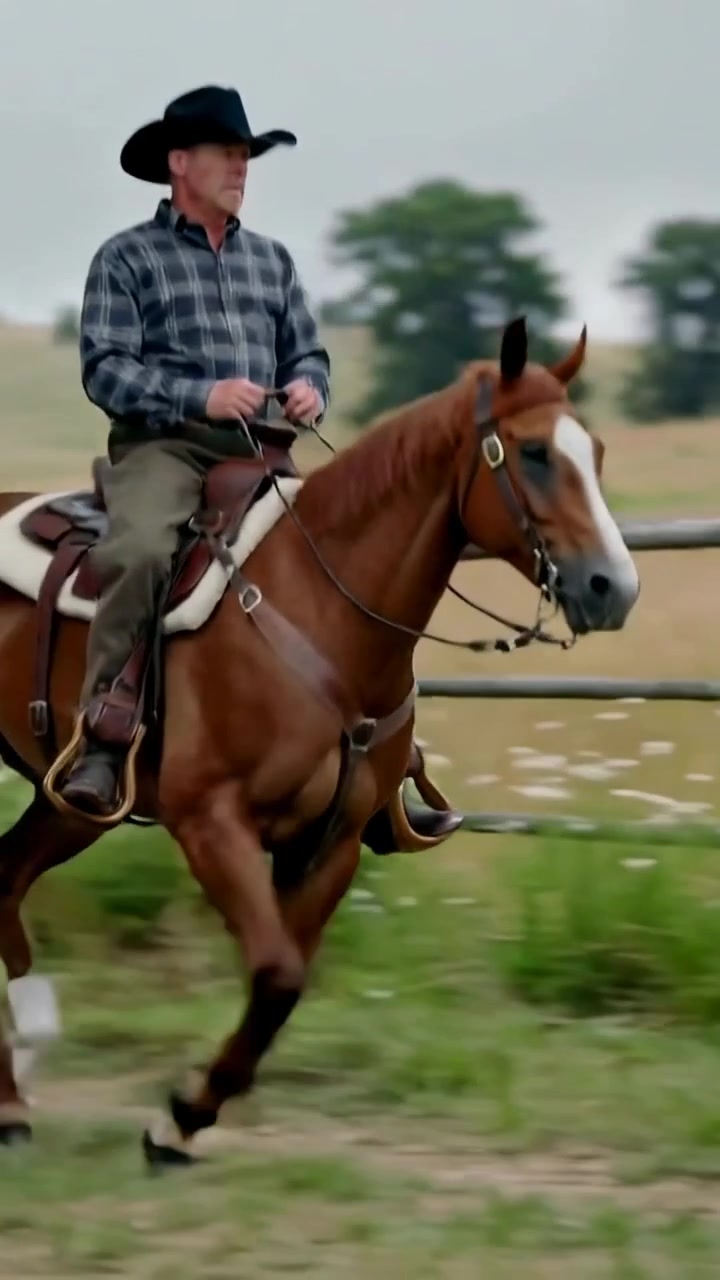 Vertikal video: Ridende cowboy med hatt og skjorte leder en kastanjebrun hest på bane gjennom en port, traver.
