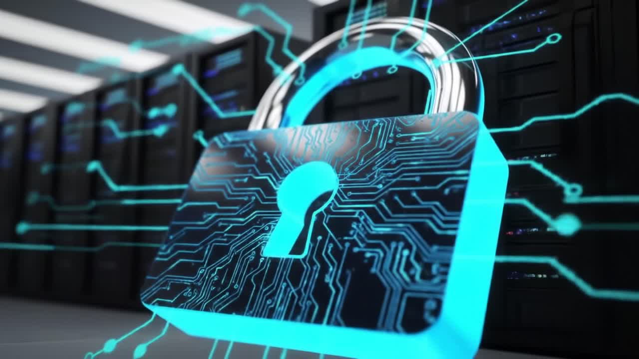 Digital Security Unlocked: A Visual Representation of Data Protection through a Modern, High-Tech Padlock Against a Backdrop of Server Technology