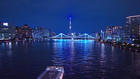 night light tokyo, tsukuda, toyosu skyscrapers and kiyosu bridge the sumida river yakatabune, pleasure boat